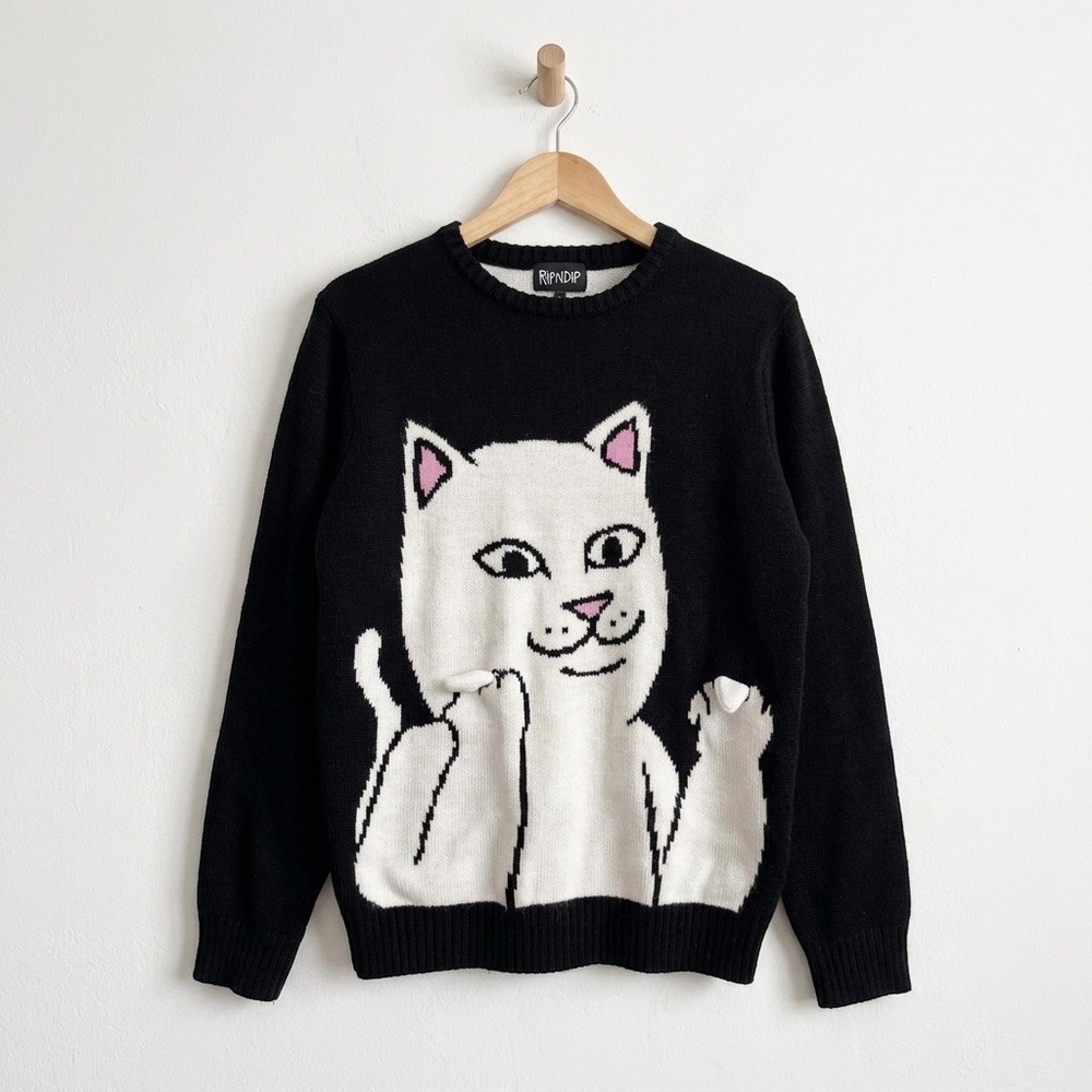 Ripndip Lord Nermal Cat Flipping Off Graphic Knit Sweater Black Small Streetwear